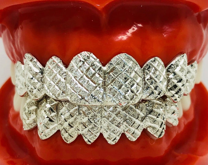 925 Solid Sterling Silver Princess+Diamond Dust Cut Handmade Custom Fit Grill Grillz