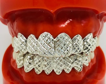 10K Solid White Gold Custom fit Diamond cut+Dust Grill Gold Teeth GRILLZ.