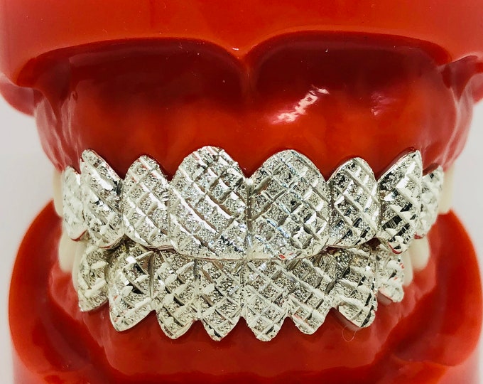 10K Solid White Gold Custom fit Diamond cut+Dust Grill Gold Teeth GRILLZ.