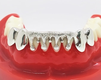 925 Solid Sterling Silver Drip Dripping With Diamond Dust Cut Grill Grillz