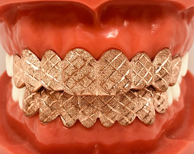 925 Solid Sterling Silver w/18K Rose  Gold Plated Dust+Diamond Cut Handmade Custom Fit Grill Grillz