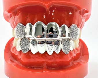 925 Sterling Silver, Honeycomb CZ Setting Iced Fang Grillz