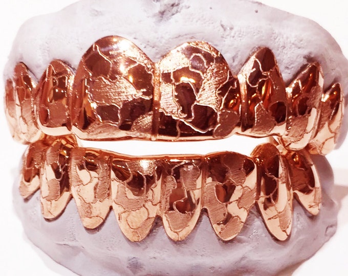 925 Sterling Silver Rose Gold Plated w/ Nugget Cut Custom Fit Handmade Real Grill Grillz