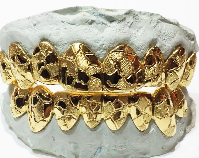 Solid 10 Karat Yellow Gold w/ Nugget Cut Custom Fit Handmade Real Grill Grillz