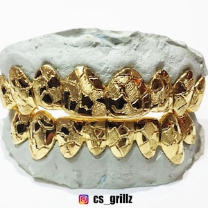 925 Sterling Silver 18K Yellow Gold Plated w/ Nugget Cut Custom Fit Handmade Real Grill Grillz