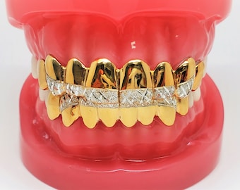 925 Solid Sterling Silver w/18K Yellow Gold Plated Dust+Diamond Cut Handmade Custom Fit Grill Grillz