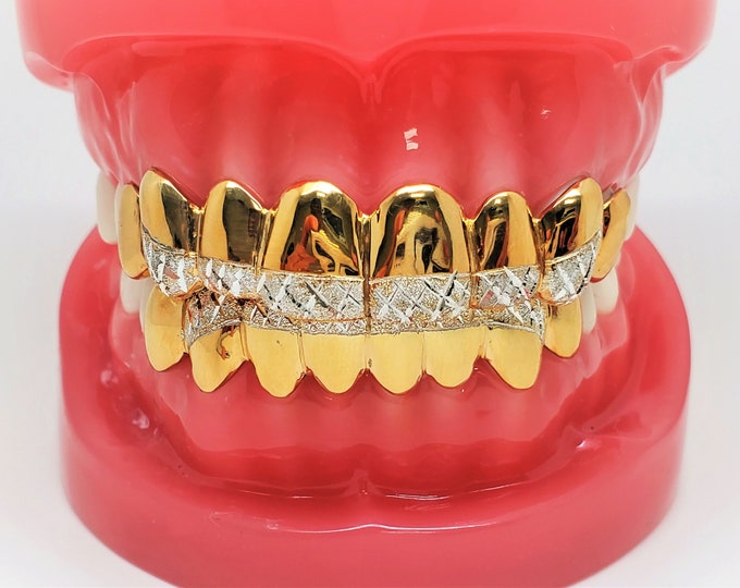 925 Solid Sterling Silver w/18K Yellow Gold Plated Dust+Diamond Cut Handmade Custom Fit Grill Grillz