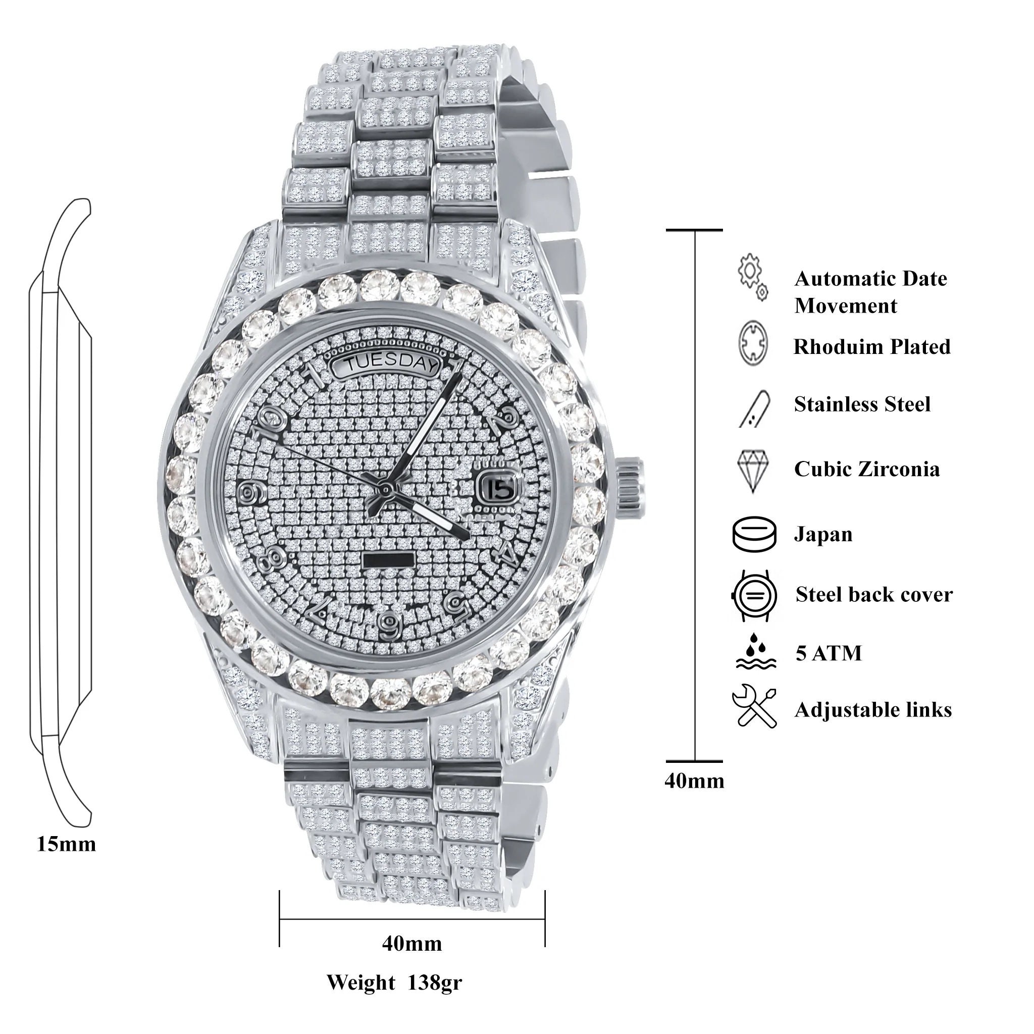 VVS Lab cz Diamonds Watch Fully Iced Out Automatic Hip Hop Fully Icy