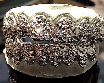 10K Solid White Gold Custom fit Princess Diamond Cut Grill Gold Teeth GRILLZ.