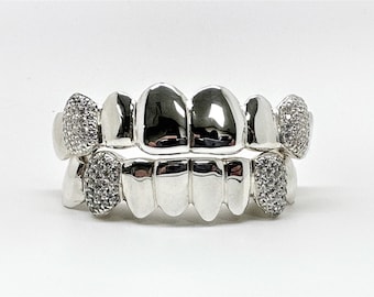 Custom fit Moissanite Grillz Solid 925 Sterling Silver Iced out FANGS ONLY Honey Comb Hand setting Grillz Grill Yellow, Rose, Silver.