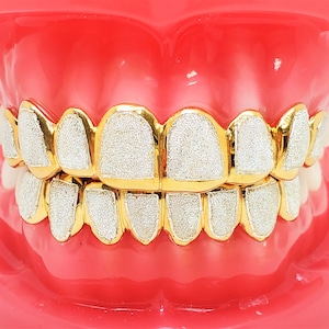 925 Sterling Silver W/ 18K Yellow Gold Plated Two Tone Diamond Dust Cut Custom Fit Grill Grillz