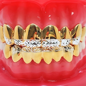 925 Solid Sterling Silver w/18K Yellow Gold Plated Princess Diamond Cut Handmade Custom Fit Grill Grillz