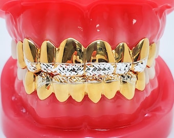 925 Solid Sterling Silver w/18K Yellow Gold Plated Princess Diamond Cut Handmade Custom Fit Grill Grillz