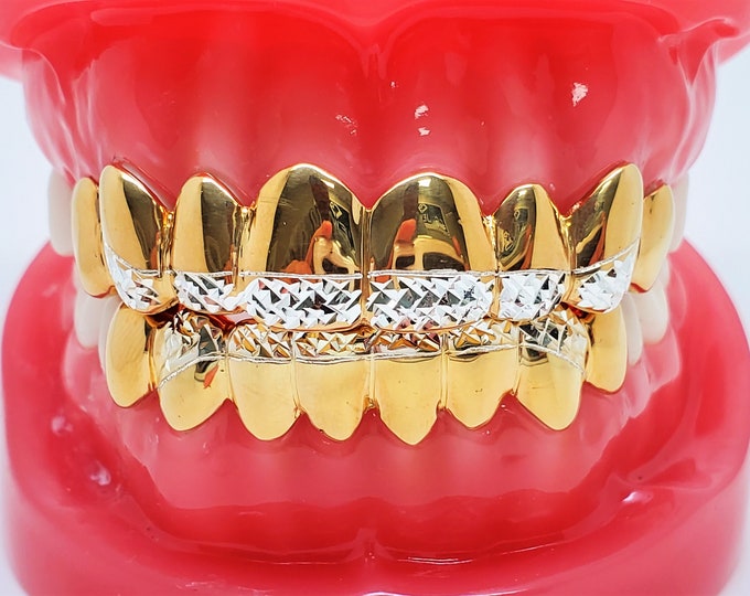 925 Solid Sterling Silver w/18K Yellow Gold Plated Princess Diamond Cut Handmade Custom Fit Grill Grillz