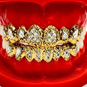 thumbnail image 2 of Two-Tone Sterling Silver & 18K Gold Plated Princess Cut Grillz - Unbranded 2 of 12