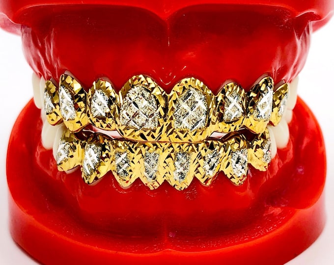 925 Solid Sterling Silver w/18K Yellow Gold Plated Dust+Diamond+Princess Cut Handmade Custom Fit Grill Grillz