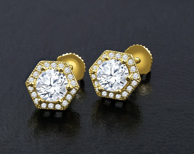 925 Sterling Silver Screw Back Hip Hop Iced out CZ Stud Earrings 9211322
