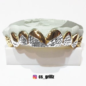 925 Sterling Silver W/ 18K Yellow Gold Plated Two Tone Diamond Cut Custom Fit Grill Grillz