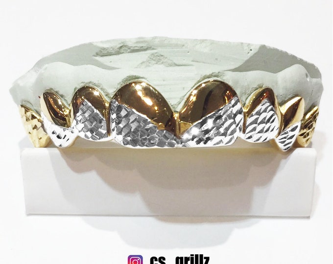 925 Sterling Silver W/ 18K Yellow Gold Plated Two Tone Diamond Cut Custom Fit Grill Grillz