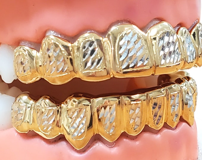 925 Solid Sterling Silver w/18K Yellow Gold Plated Two Tone Diamond cuts Handmade Custom Fit Grill Grillz