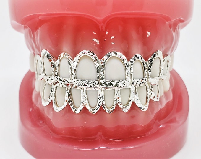 925 Sterling Silver Open Face W/ Princess Diamond Cut Custom Handmade Grillz Yellow, Rose Gold Plated Available.