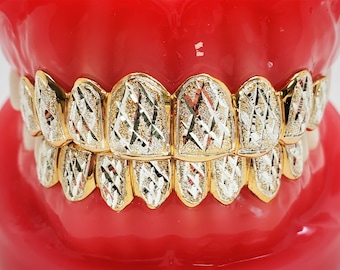 18K Gold Plated Sterling Silver Grillz, Custom Fit Dust+Diamond Cut