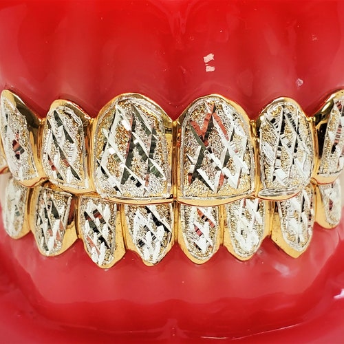 18K Gold Plated Sterling Silver Grillz, Custom Fit Dust+Diamond Cut