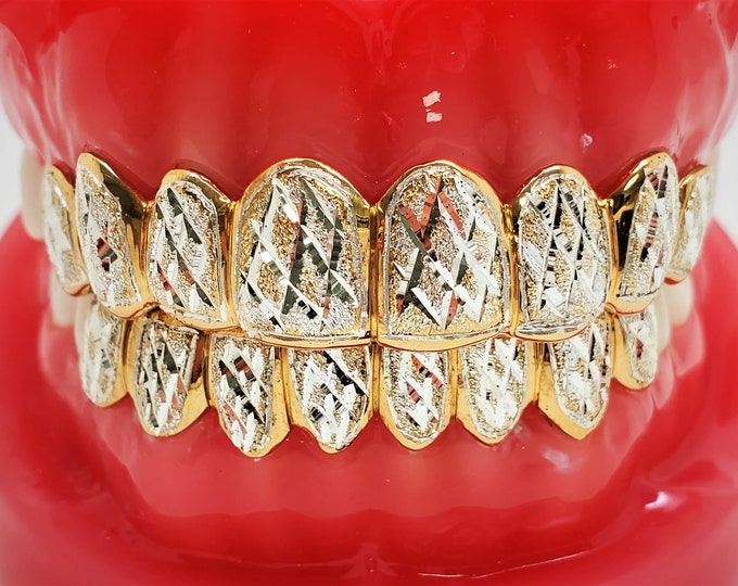 925 Solid Sterling Silver w/18K Yellow Gold Plated Dust+Diamond Cut Handmade Custom Fit Grill Grillz