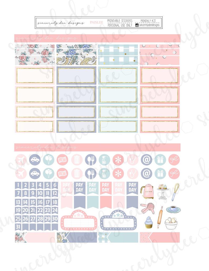 Printable Planner MONTHLY Sticker Kit / PAISLEE / Erin Condren - Etsy