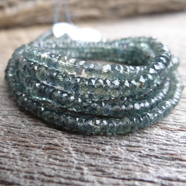 Dainty Untreated Australian Green Blue Grey Sapphires | Faceted Tire Rondelles | ~2.5-4mm | Sets of 14 Shaded Beads by Size | Use 26 Gauge+
