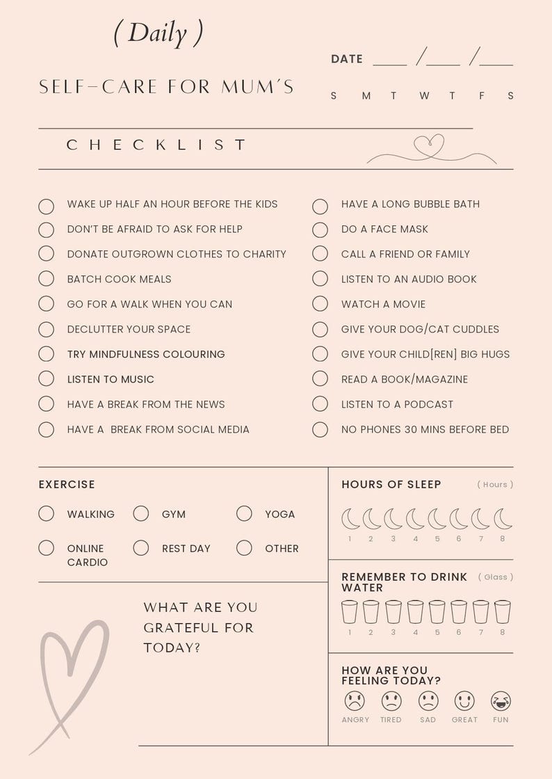 Self Care for Mom's Checklist - Etsy