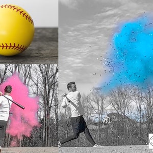 May include: A couple celebrates a gender reveal with a baseball bat and blue powder. The powder explodes in a cloud of blue confetti. The image also includes a baseball and the text "Tori & Jon".