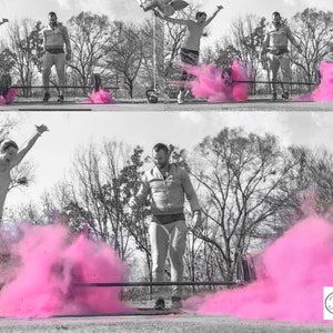 May include: A black and white photo of two people lifting a barbell. Pink powder explodes from the barbell as they lift it. The photo is taken outdoors with trees in the background. The text "Tori & Jon" is written in cursive in the bottom right corner of the photo.