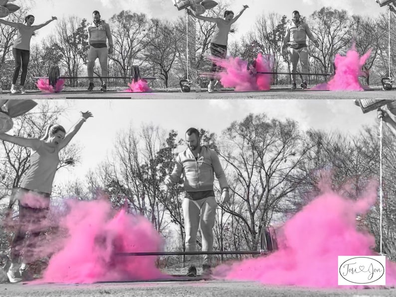 May include: A black and white photo of two people lifting a barbell. Pink powder explodes from the barbell as they lift it. The photo is taken outdoors with trees in the background. The text "Tori & Jon" is written in cursive in the bottom right corner of the photo.