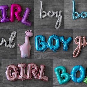 Boy, Girl, Baby Balloons in Silver, Rose Gold, and Blue for Gender Reveal Decor and Baby Shower Decor