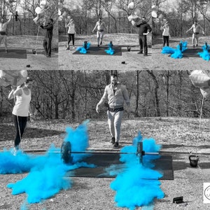 May include: A couple celebrates with blue smoke bombs and balloons. The couple is standing on a black mat with a barbell and weights. The text "Tori & Jon" is written on a white oval with a heart.