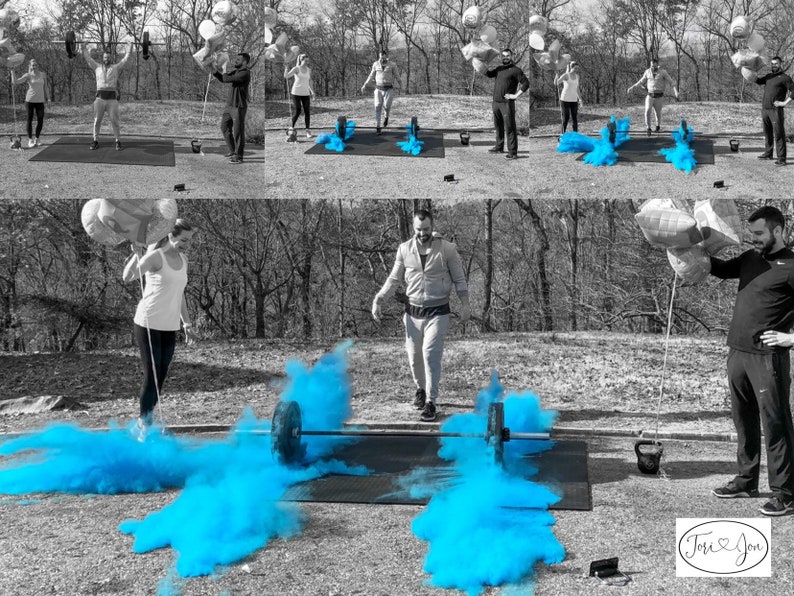 May include: A couple celebrates with blue smoke bombs and balloons. The couple is standing on a black mat with a barbell and weights. The text "Tori & Jon" is written on a white oval with a heart.