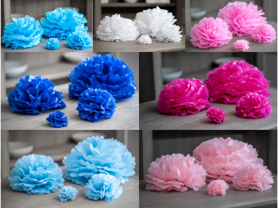 Paper Poofs for Gender Reveal Decor in 4" 8" 12" and 16" in Blue, Midnight Blue, Cyan, Navy Blue, Pink, Blush, Magenta, Flamingo or White