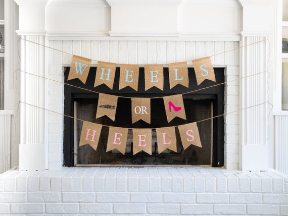 WHEELS or HEELS Car Burlap Banner! The Perfect Gender Reveal Theme! Customizable Burlap Banners! Perfect Gender Reveal Ideas!