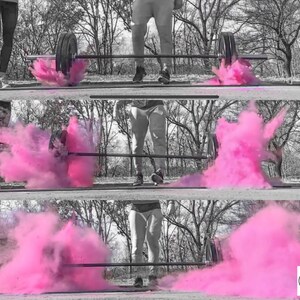 May include: Three images of a person lifting a barbell with pink powder exploding from the weights. The powder creates a cloud of pink smoke. The last image has the text "Tori & Jon" in the bottom right corner.
