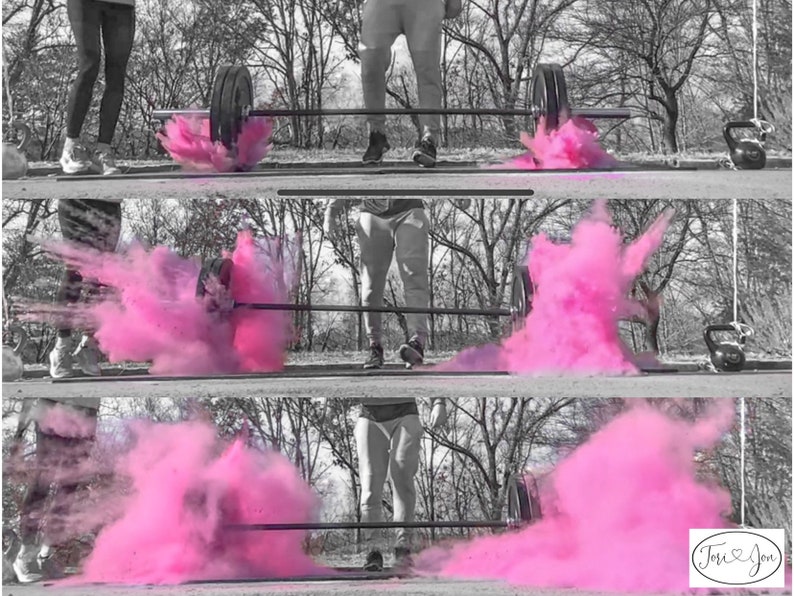 May include: Three images of a person lifting a barbell with pink powder exploding from the weights. The powder creates a cloud of pink smoke. The last image has the text "Tori & Jon" in the bottom right corner.