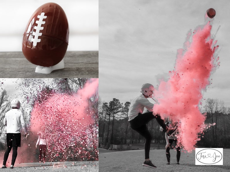 Gender Reveal Football 10 Football Gender Reveal w/ Powder & Confetti Gender Reveal Footballs in Pink, Blue, Purple, Green, Yellow, Orange image 2