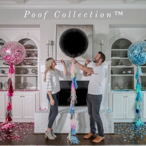 36in Black Gender Reveal Balloon filled with Designer Pink or Blue Confetti Poof Collection™ Posh Collection™ Venice Collection™ Poof Pink & Blue