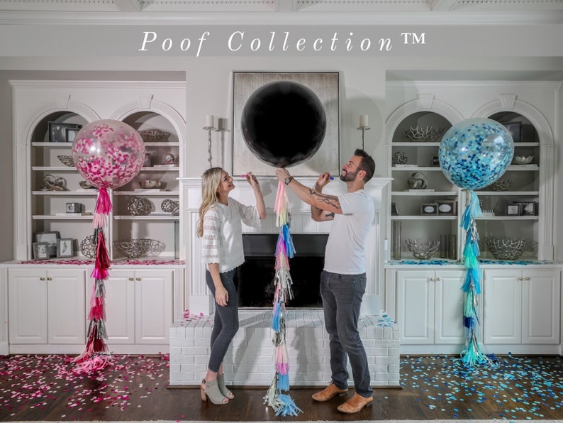 36in Black Gender Reveal Balloon filled with Designer Pink or Blue Confetti Poof Collection™ Posh Collection™ Venice Collection™ Poof Pink & Blue