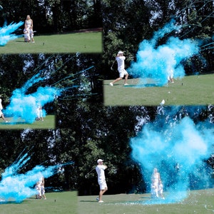 May include: A group of people on a golf course celebrate a gender reveal with a blue powder explosion. The powder is released from a golf ball hit by a man in white clothing.