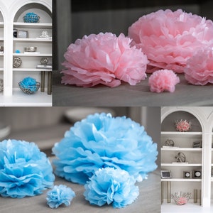 Paper Poofs for Gender Reveal Decor from the Venice Collection in 4" 8" 12" and 16" in Pastel Blue, Blush Pink, or White