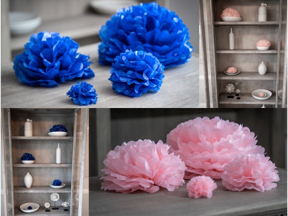 Paper Poofs for Gender Reveal Decor from the Posh Collection in 4" 8" 12" and 16" in Midnight Blue, Blush Pink, or White