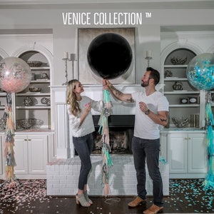 36in Black Gender Reveal Balloon filled with Designer Pink or Blue Confetti Poof Collection™ Posh Collection™ Venice Collection™ Venice Pink & Blue