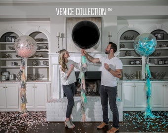 36" Black Gender Reveal Balloon filled with Designer Pink or Blue Confetti Venice Collection™ Poof Collection™ Posh Collection™