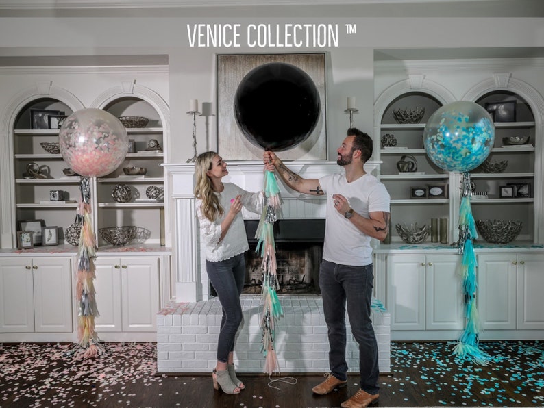 36in Black Gender Reveal Balloon filled with Designer Pink or Blue Confetti Poof Collection™ Posh Collection™ Venice Collection™ Venice Pink & Blue